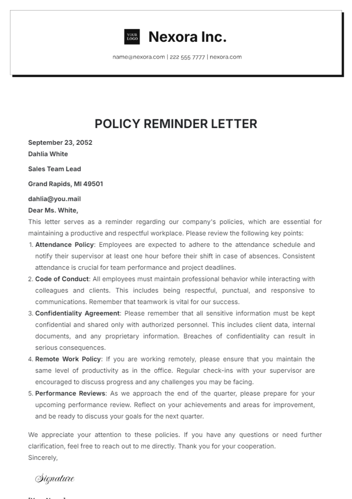 Policy Reminder Letter Template - Edit Online & Download