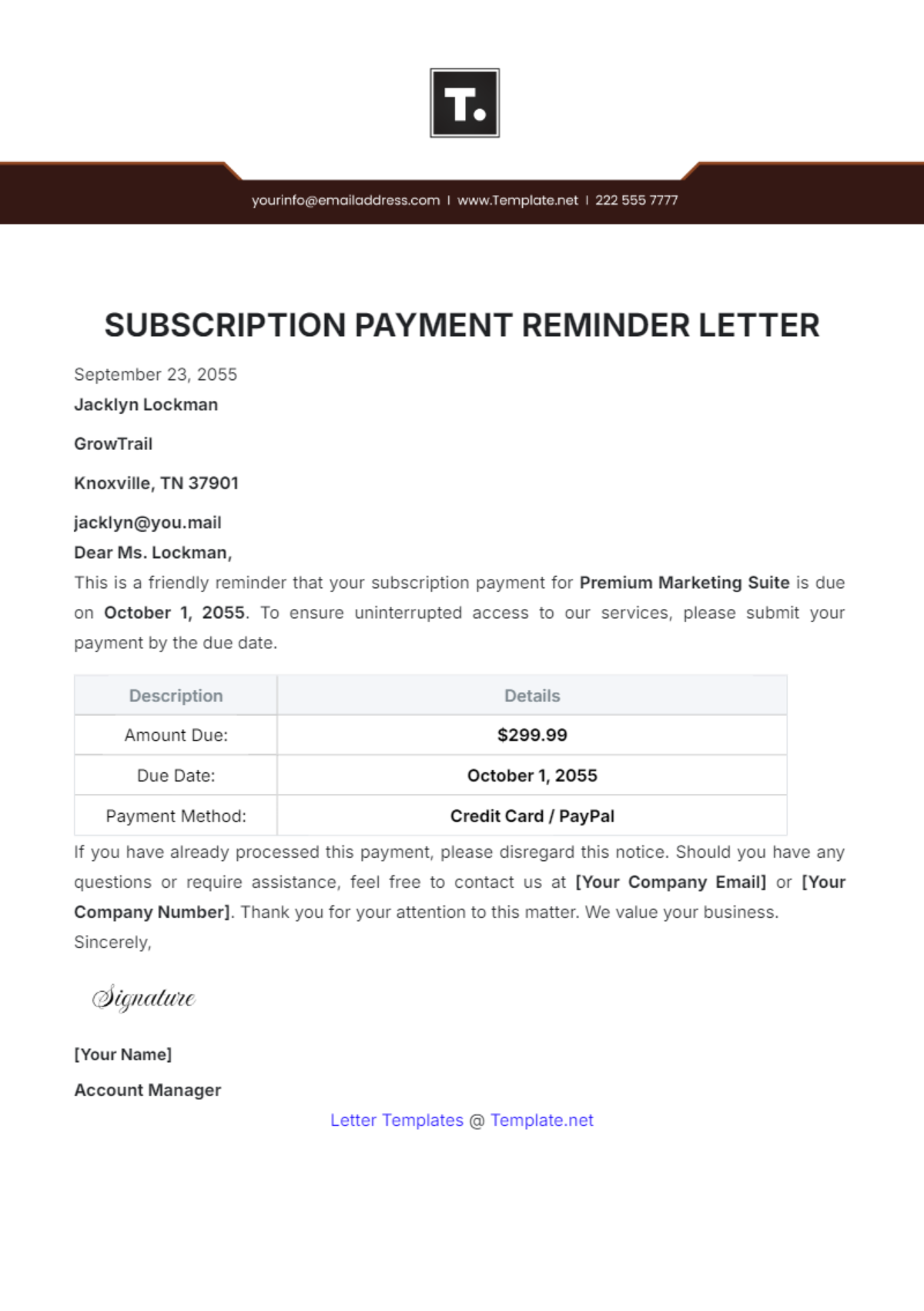 Subscription Payment Reminder Letter Template - Edit Online & Download