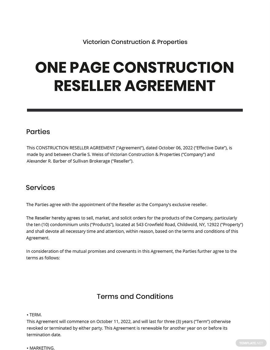 Free One Page Construction Reseller Agreement Template