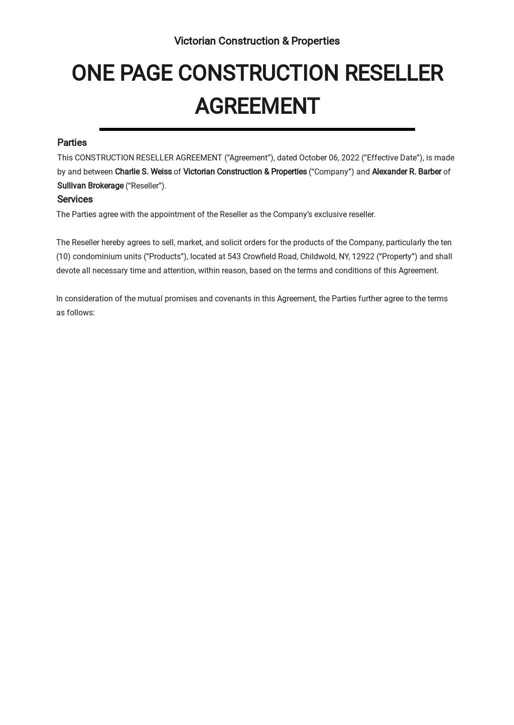 Free One Page Construction Reseller Agreement Template - Google Regarding saas reseller agreement template