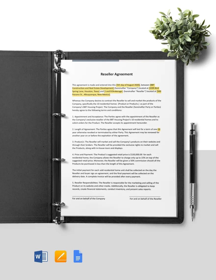 One Page Construction Reseller Agreement Template