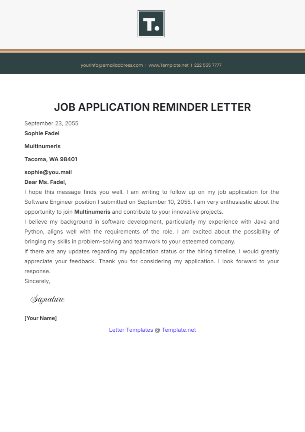 Job Application Reminder Letter Template - Edit Online & Download