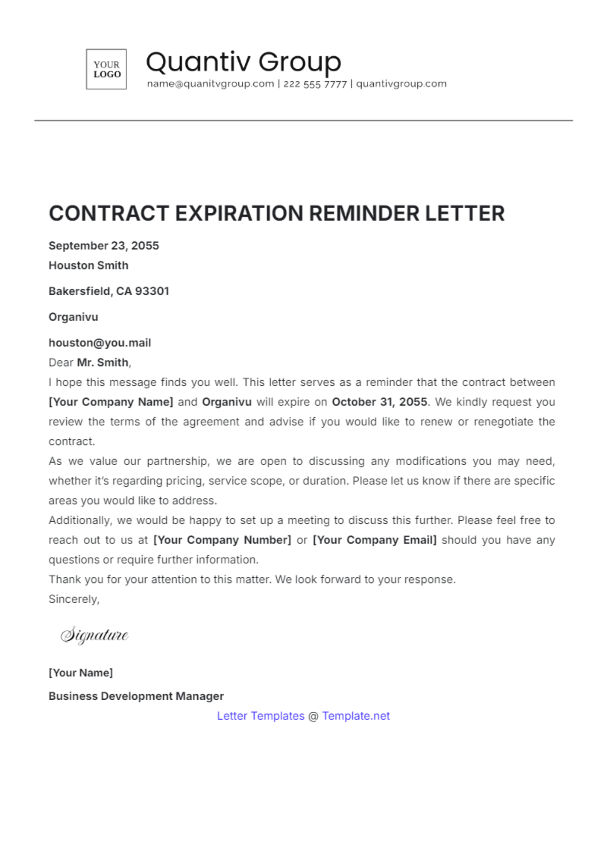 Contract Expiration Reminder Letter Template - Edit Online & Download