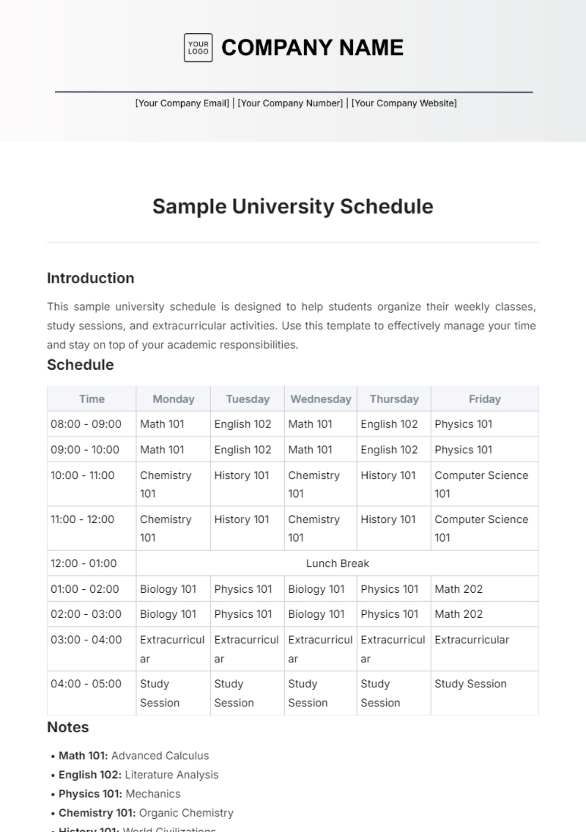 Sample University Schedule Template - Edit Online & Download