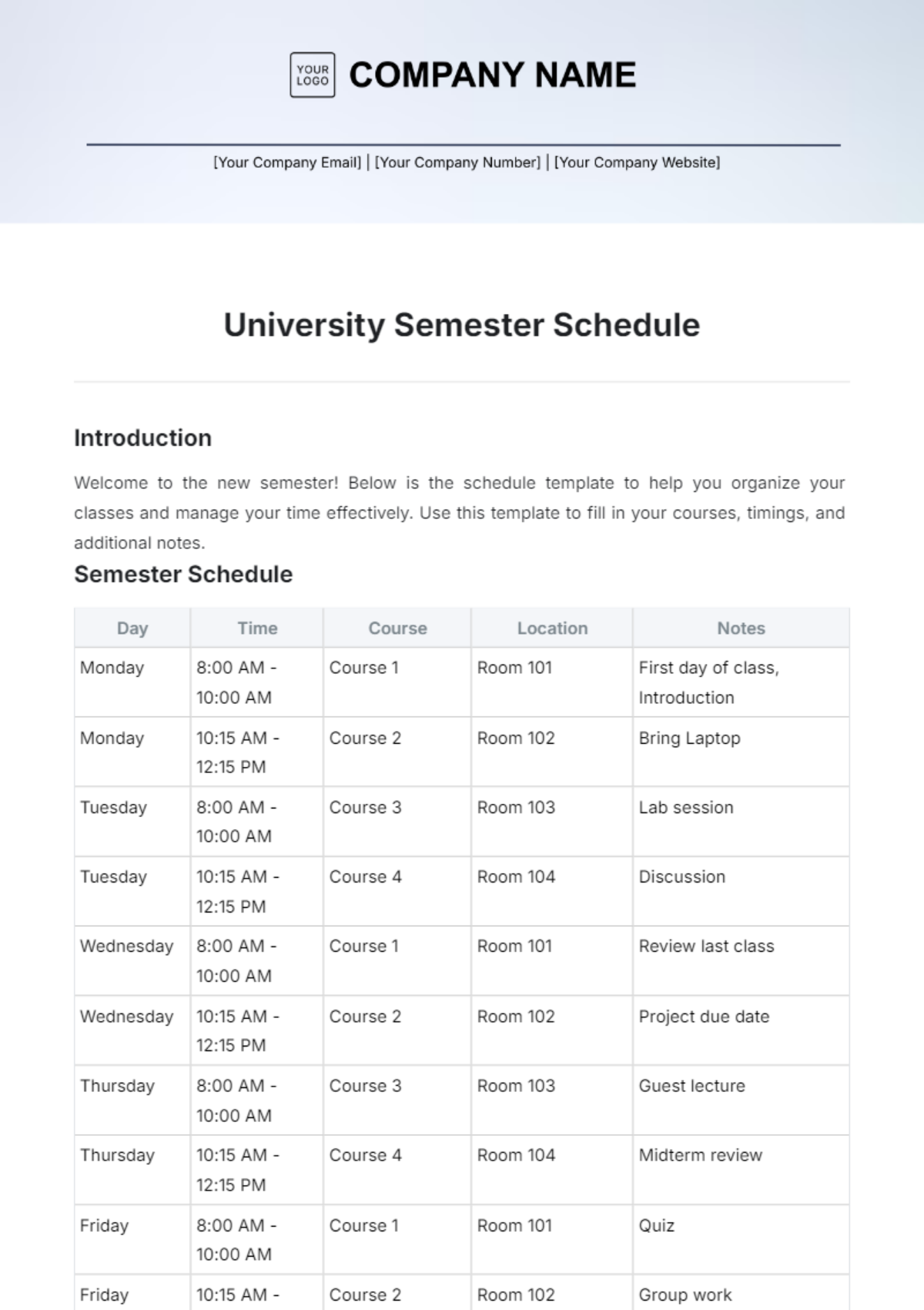 Free University Semester Schedule Template to Edit Online