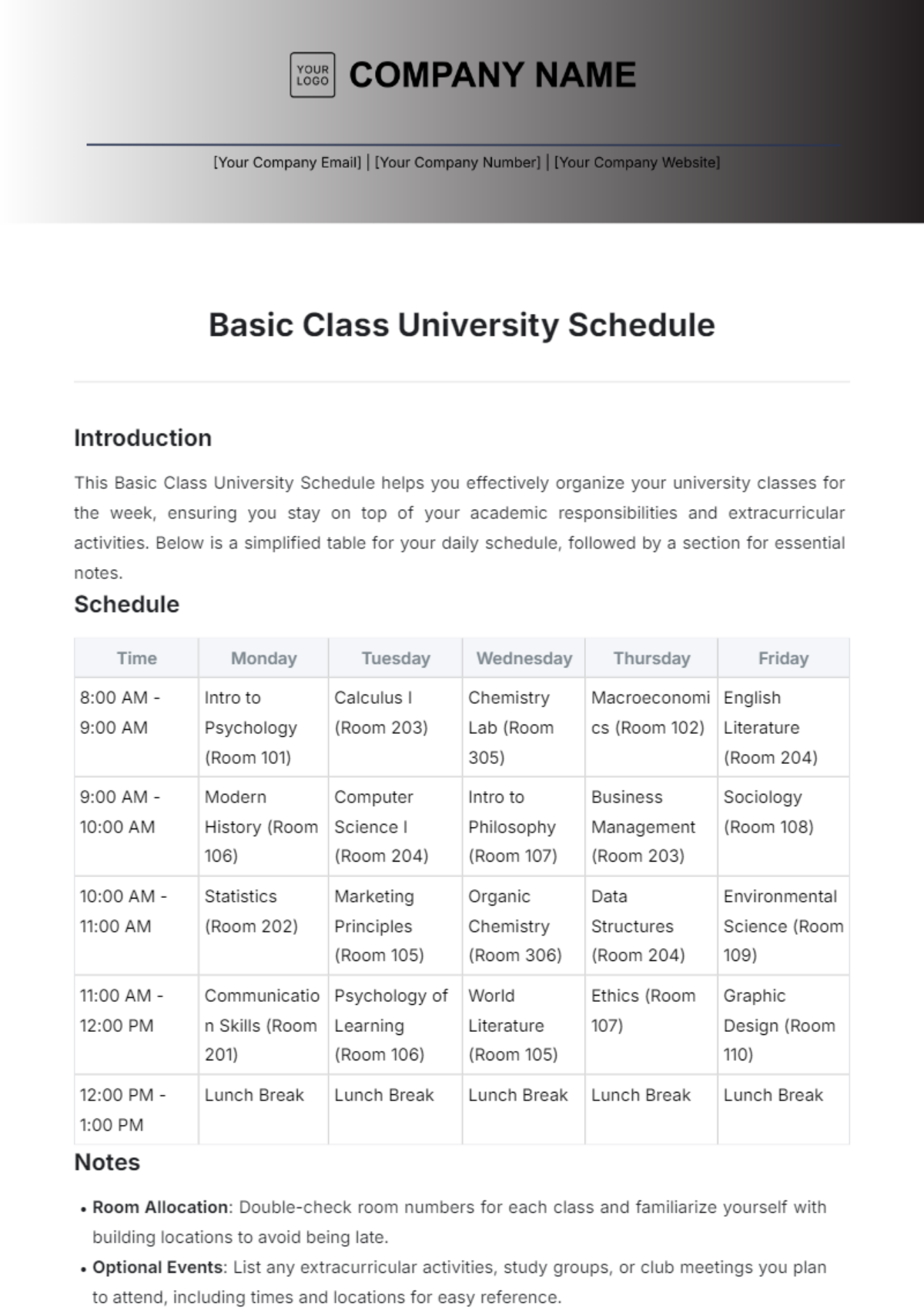 Basic Class University Schedule Template - Edit Online & Download