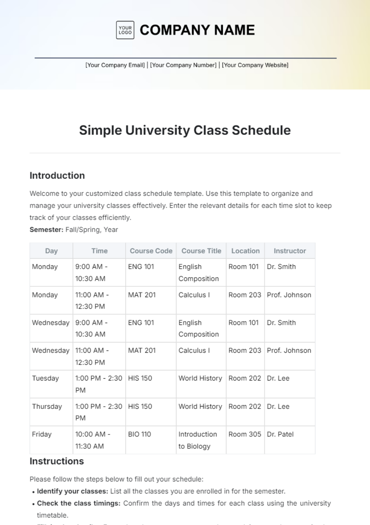 Simple University Class Schedule Template - Edit Online & Download