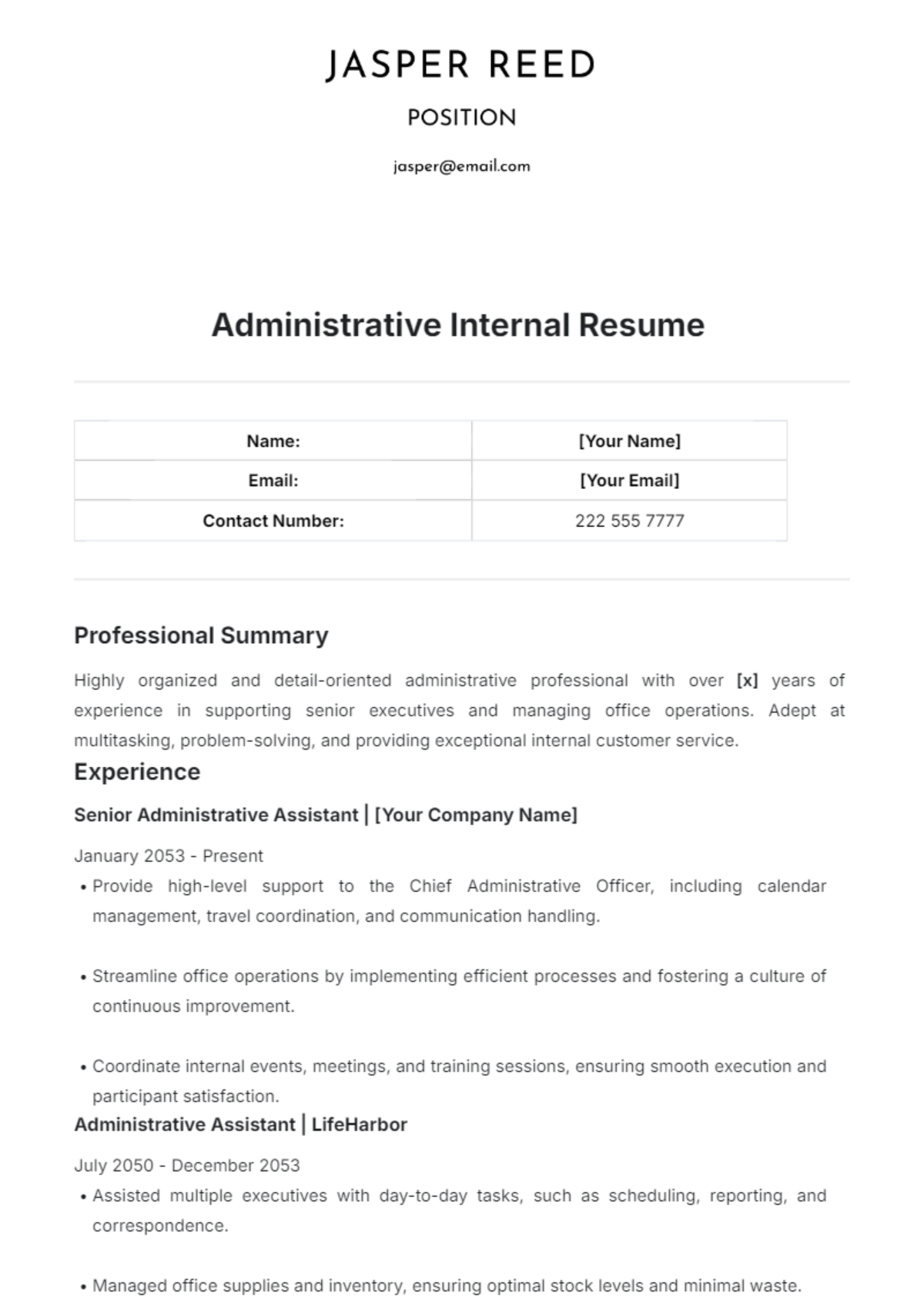 Administrative Internal Resume Template - Edit Online & Download