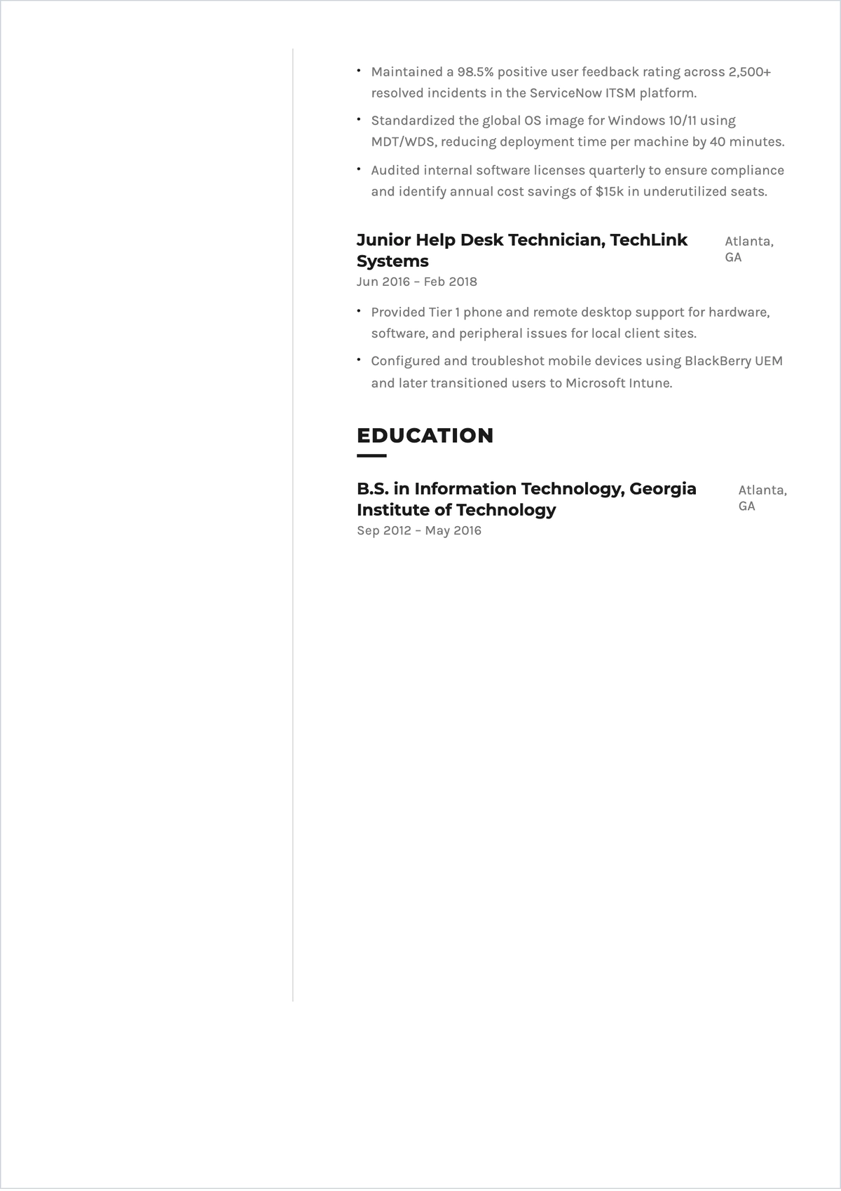 Free Internal IT Support ATS Resume Template, AI Resume Builder