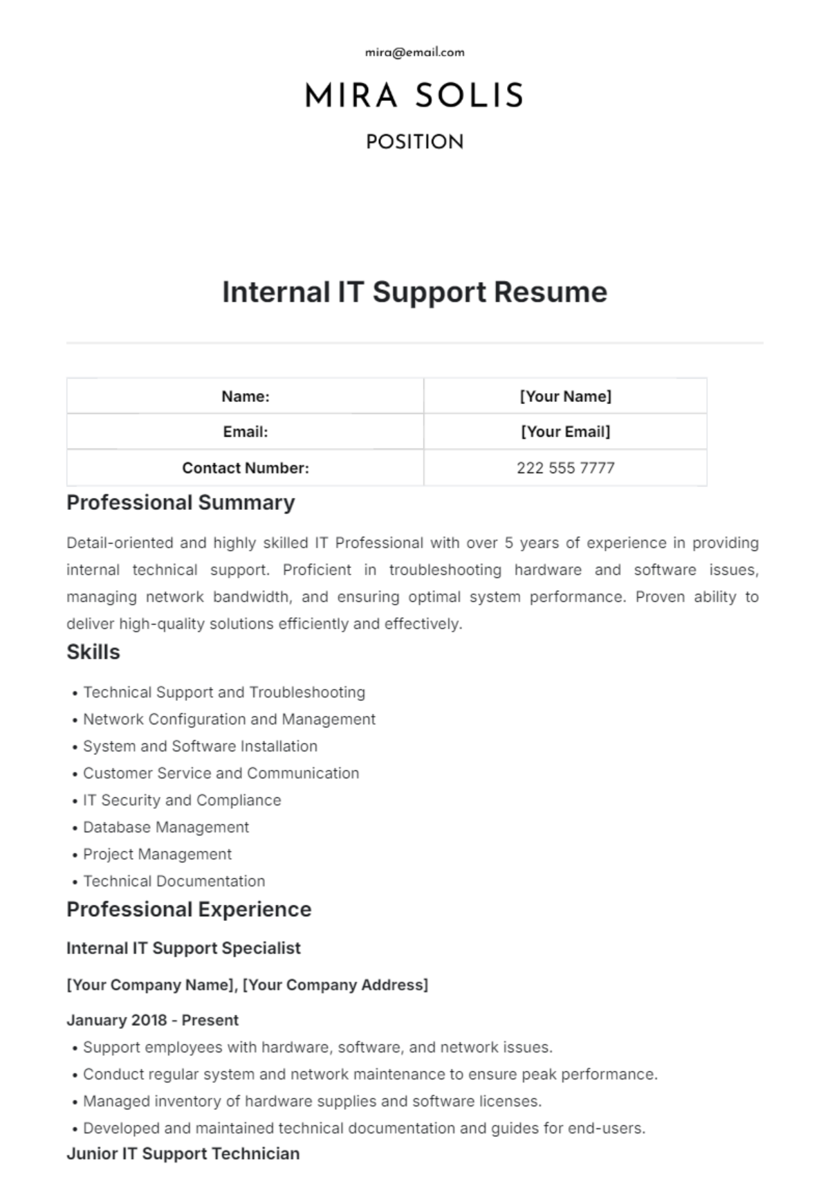 Internal IT Support Resume Template - Edit Online & Download