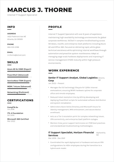 Free Internal IT Support ATS Resume Template, AI Resume Builder
