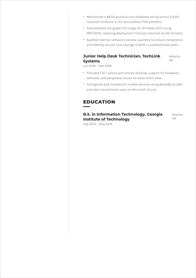 Free Internal IT Support ATS Resume Template, AI Resume Builder