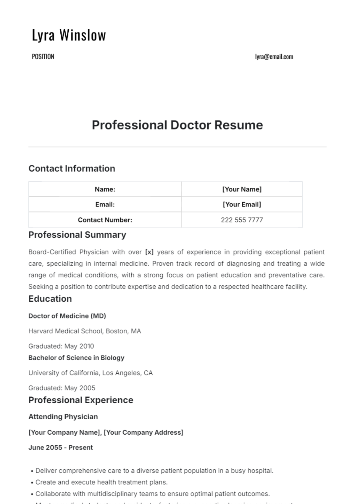 Professional Doctor Resume Template - Edit Online & Download