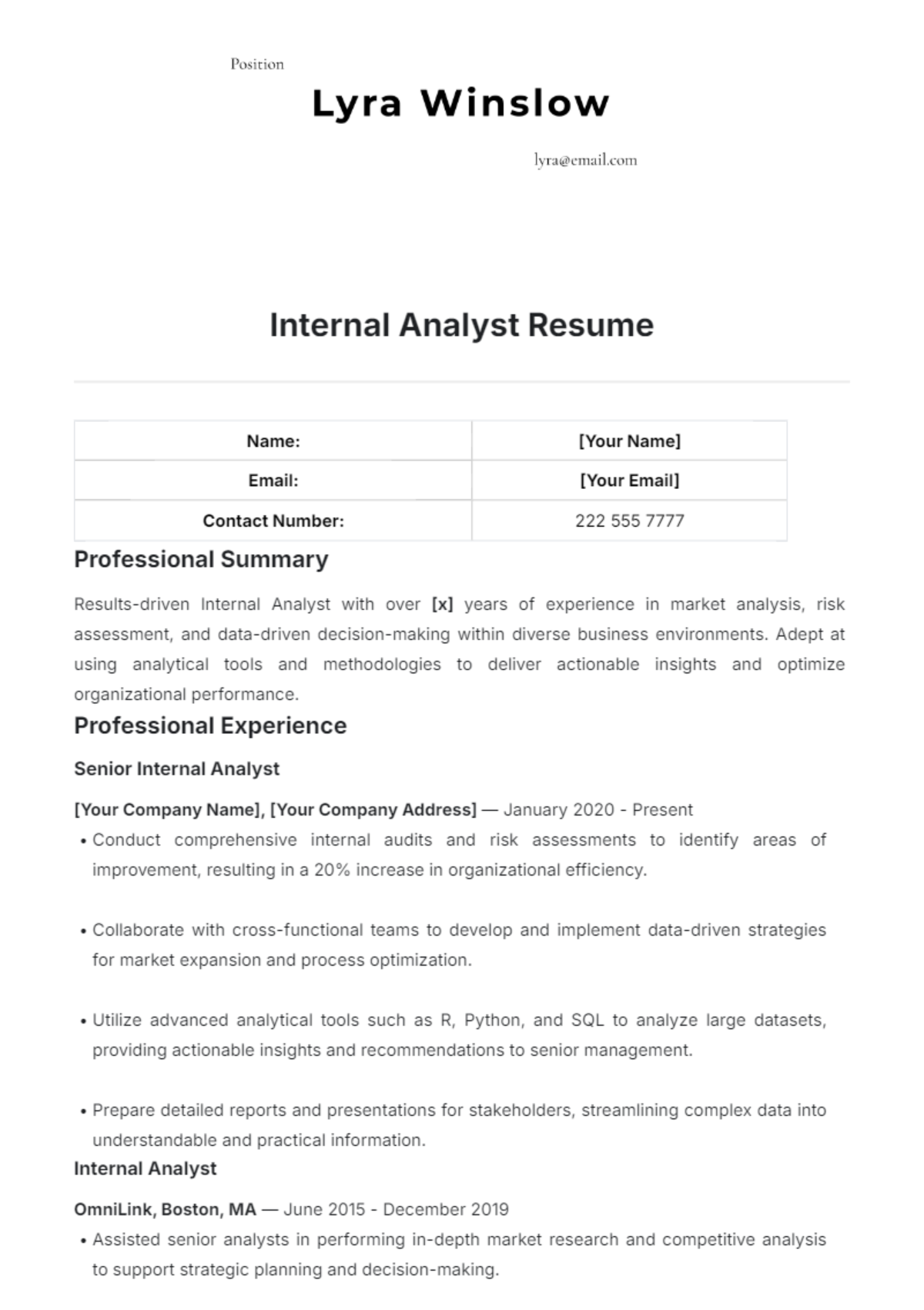 Internal Analyst Resume Template - Edit Online & Download