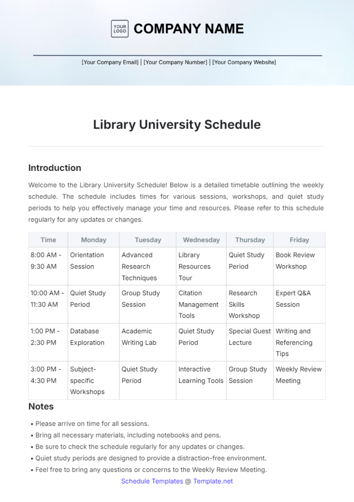 Library University Schedule Template - Edit Online & Download