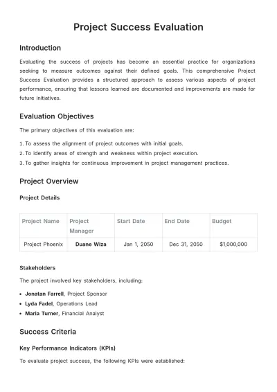 Free Project Success Evaluation Template to Edit Online