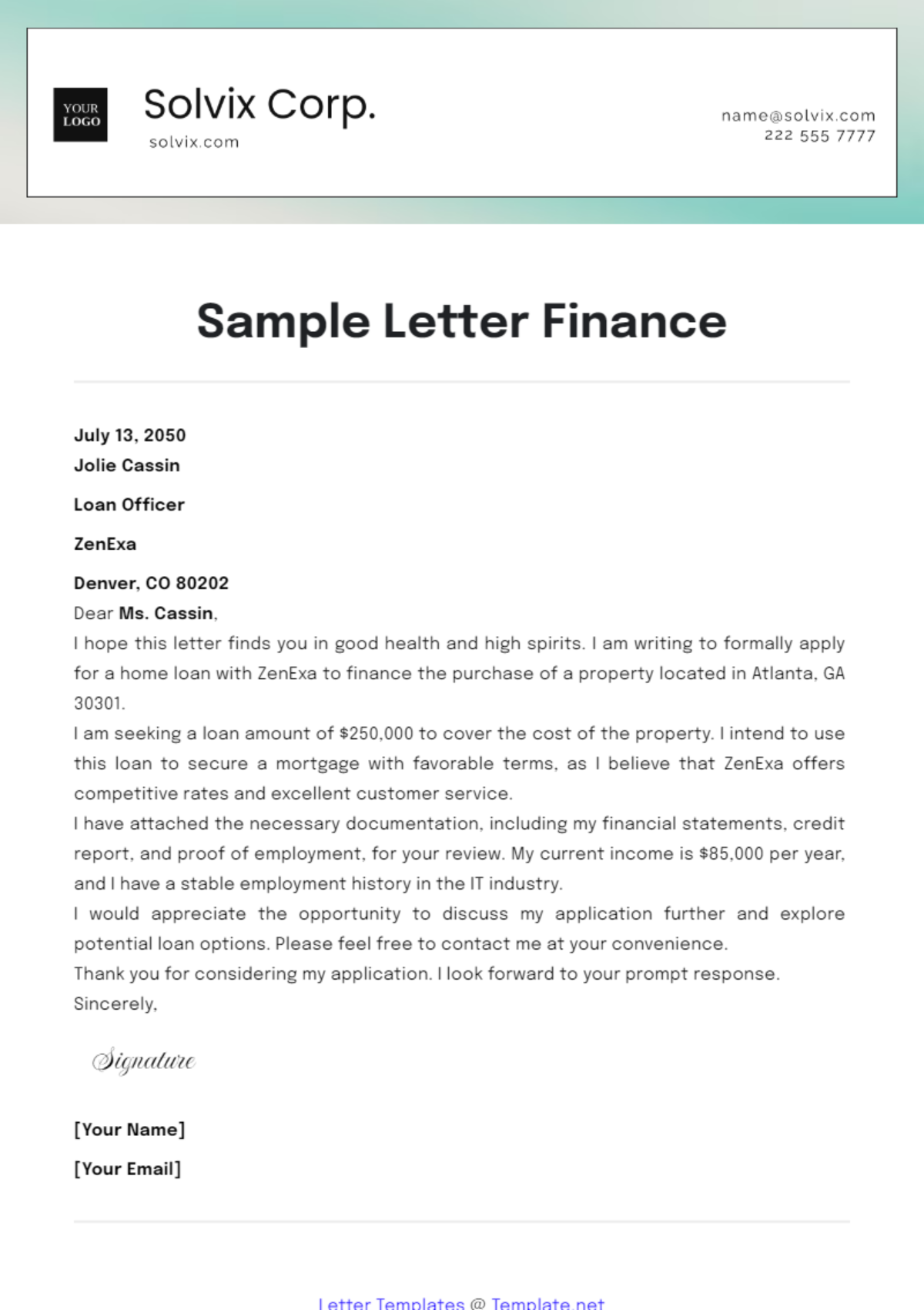 Sample Letter Finance Template