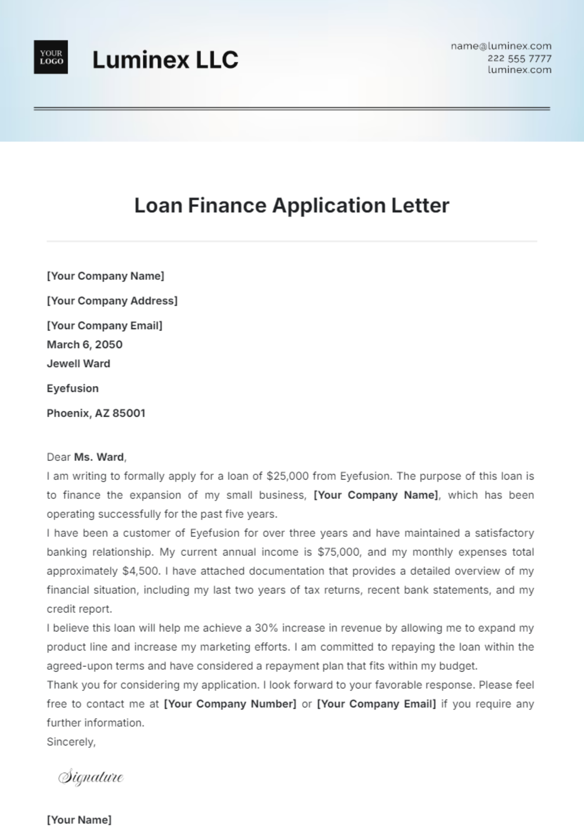 Loan Finance Application Letter Template - Edit Online & Download