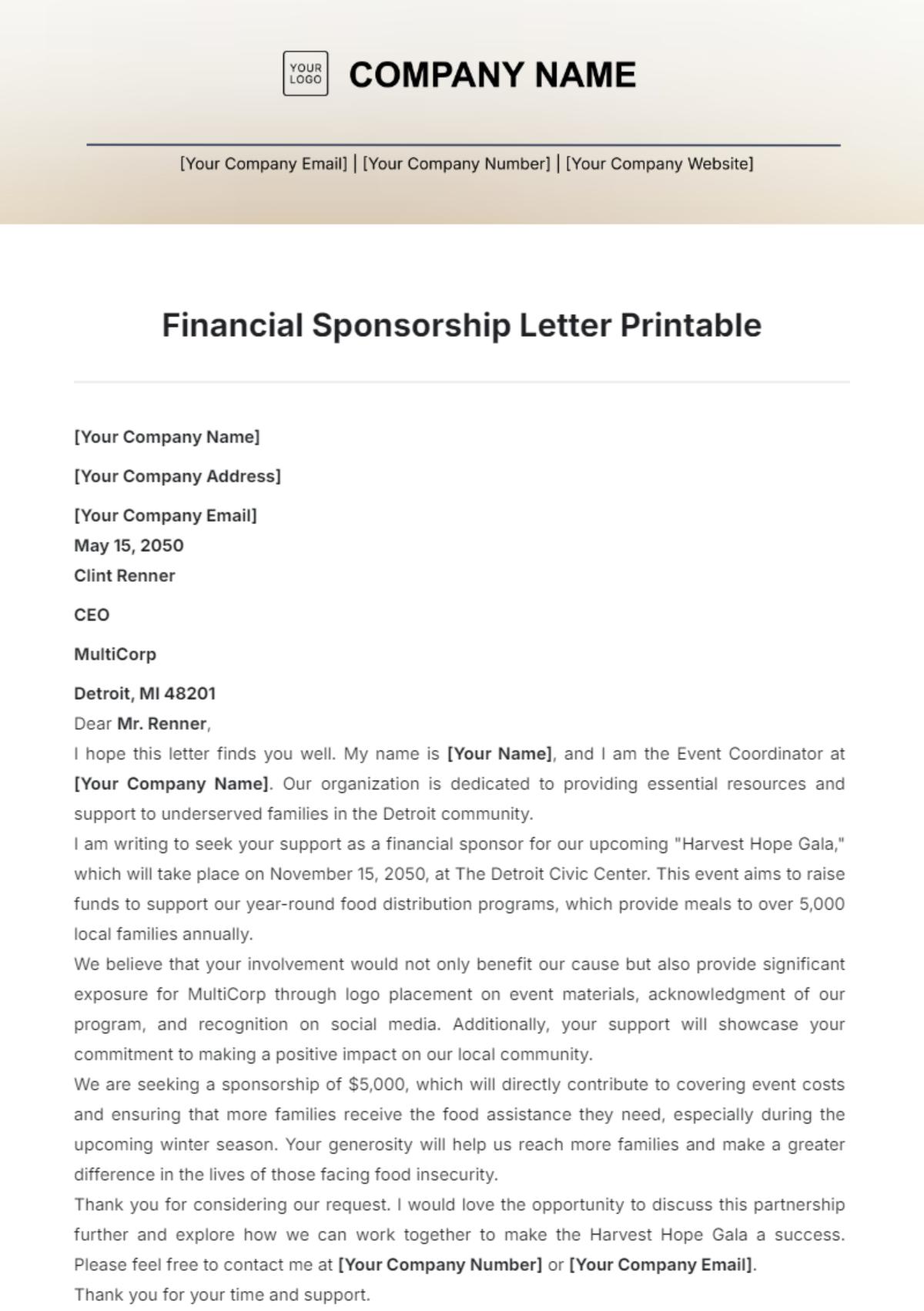 Financial Sponsorship Letter Printable Template - Edit Online & Download