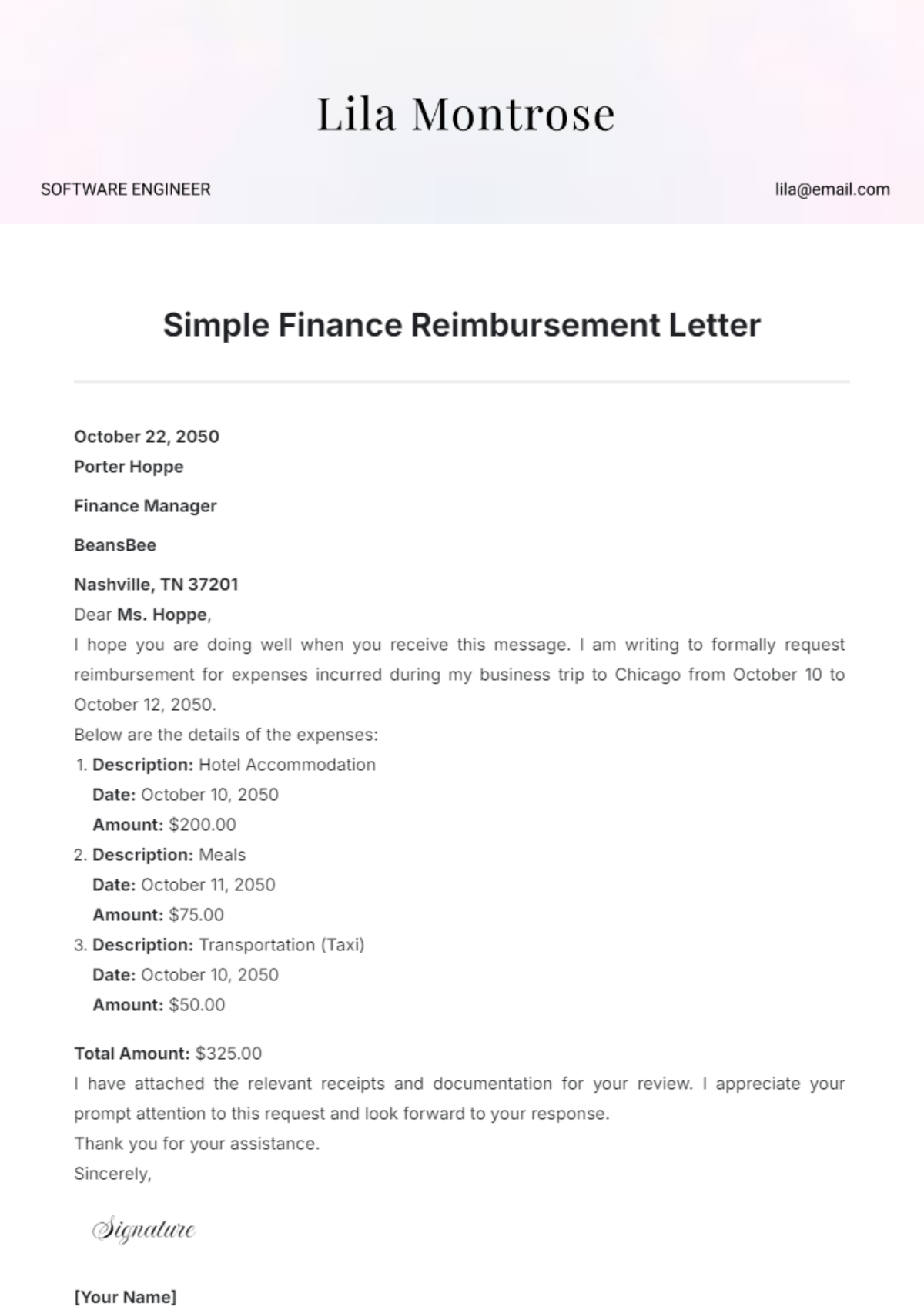 Simple Finance Reimbursement Letter Template - Edit Online & Download