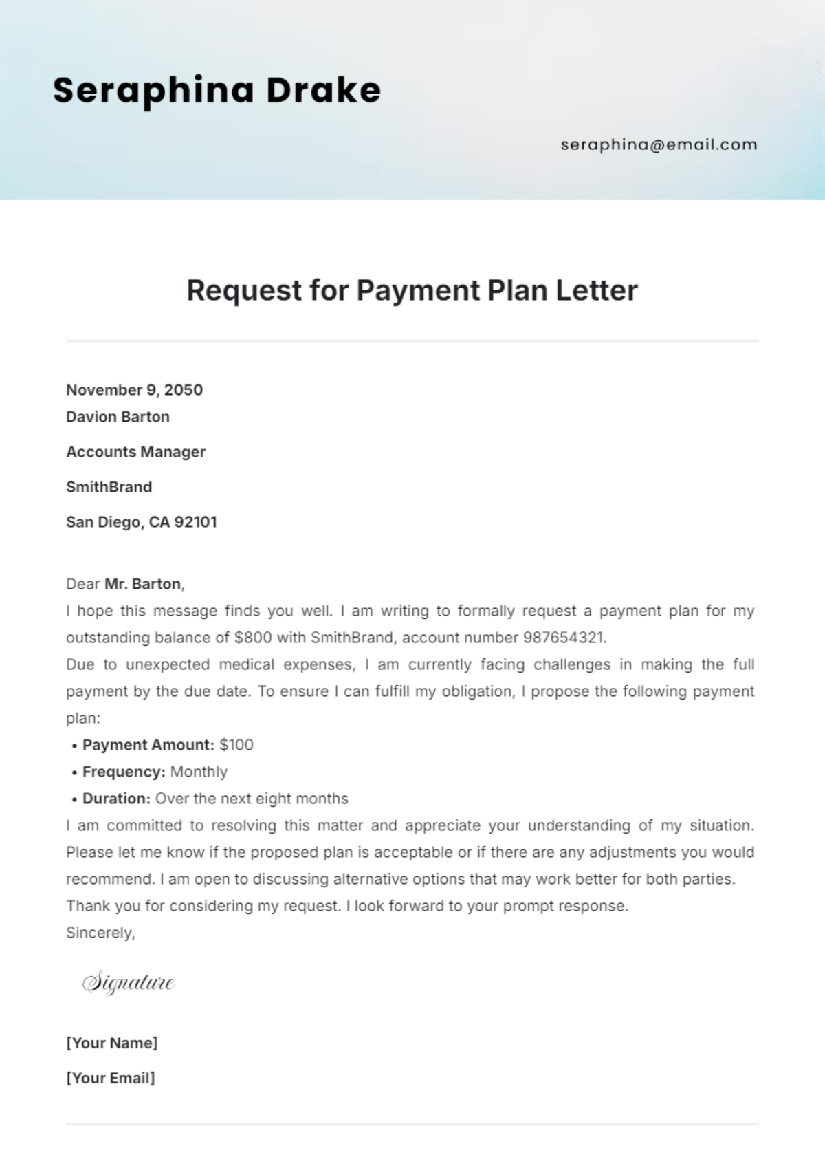 Request for Payment Plan Letter Template - Edit Online & Download