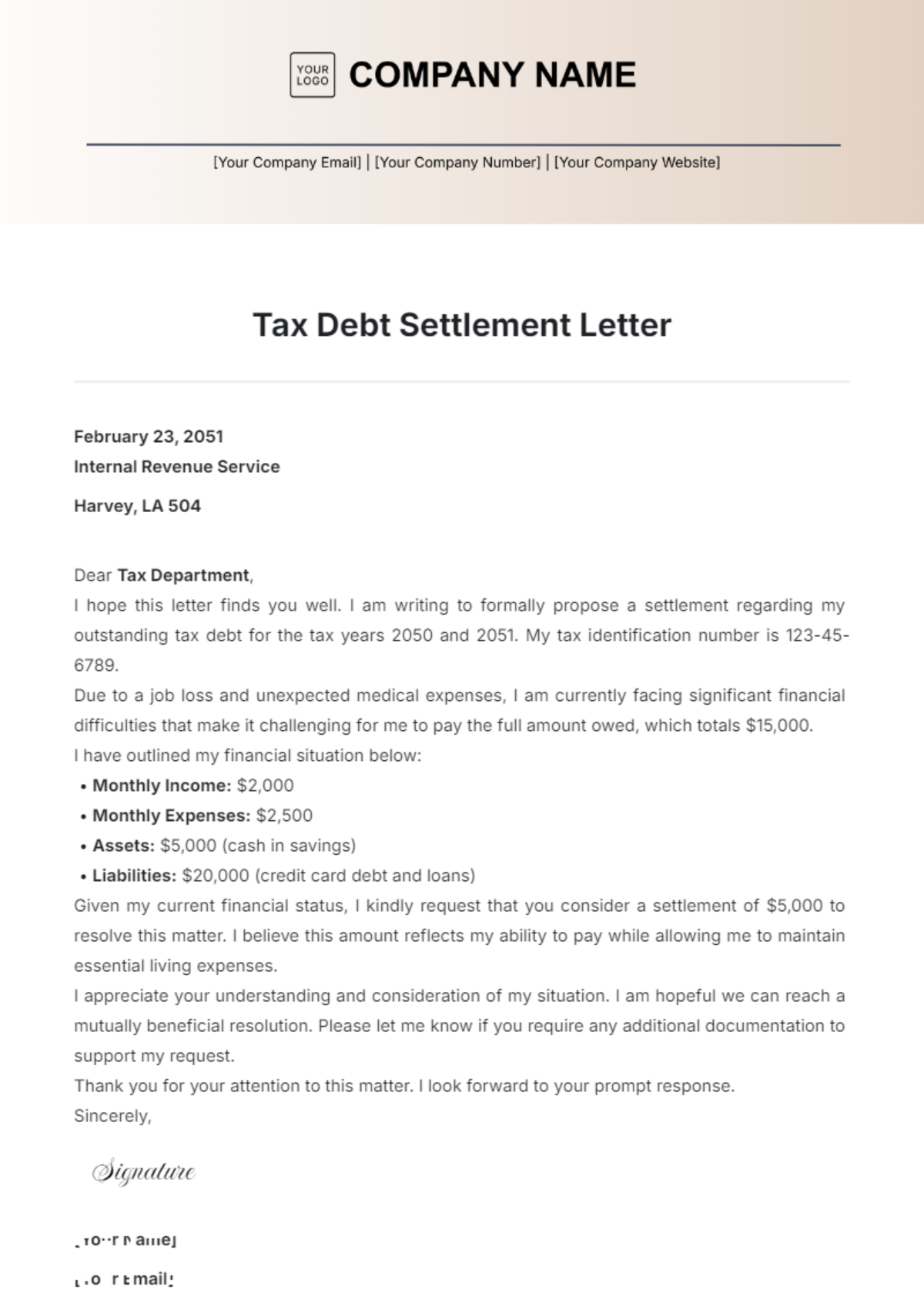 Tax Debt Settlement Letter Template - Edit Online & Download