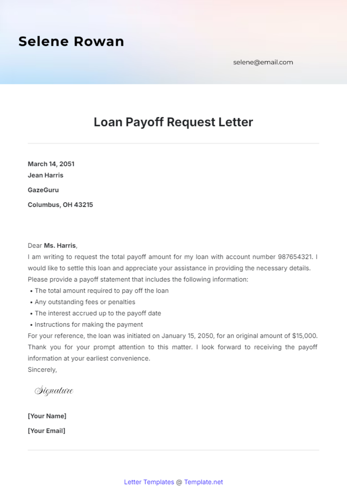 Loan Payoff Request Letter Template - Edit Online & Download