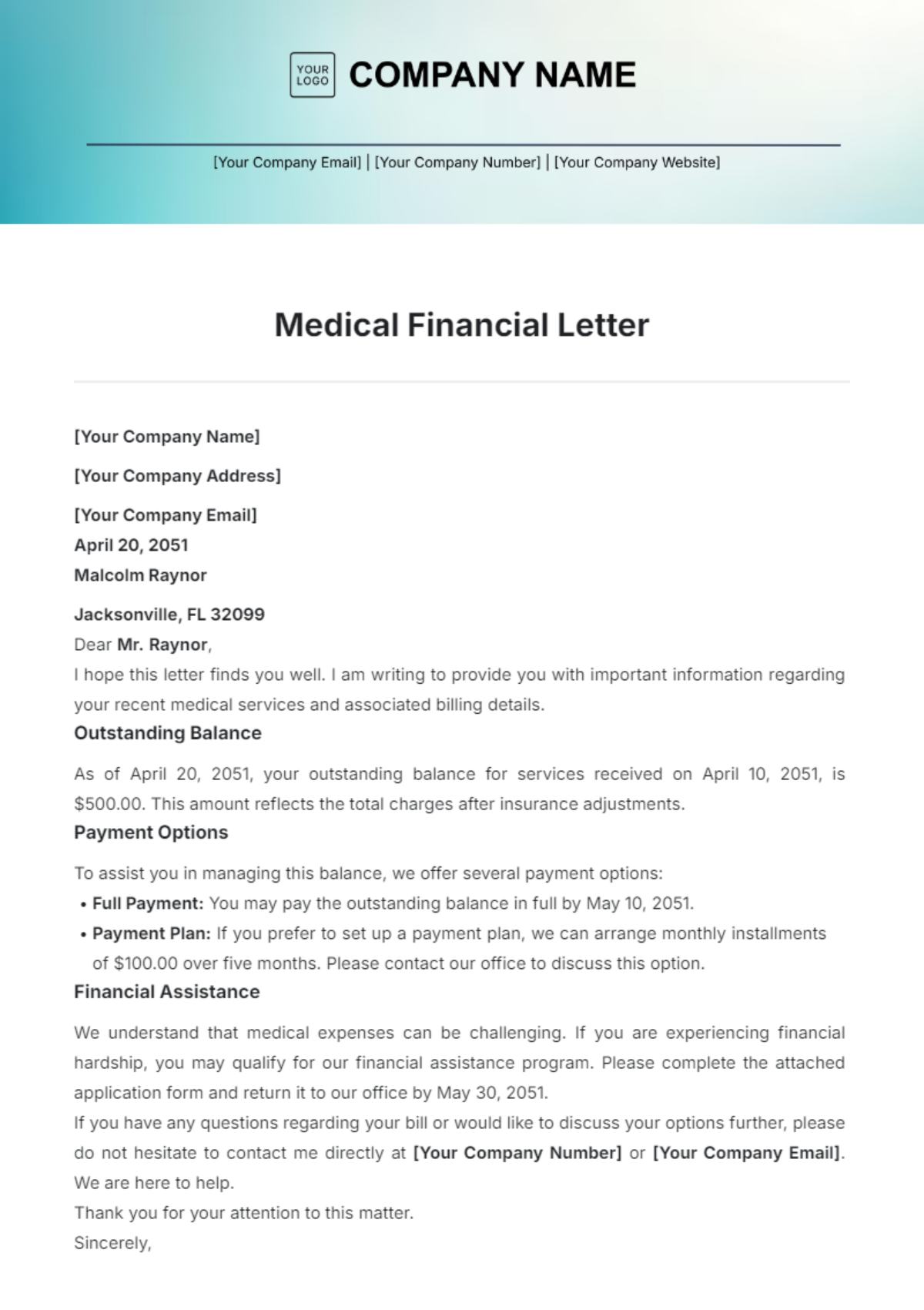 Medical Financial Letter Template - Edit Online & Download