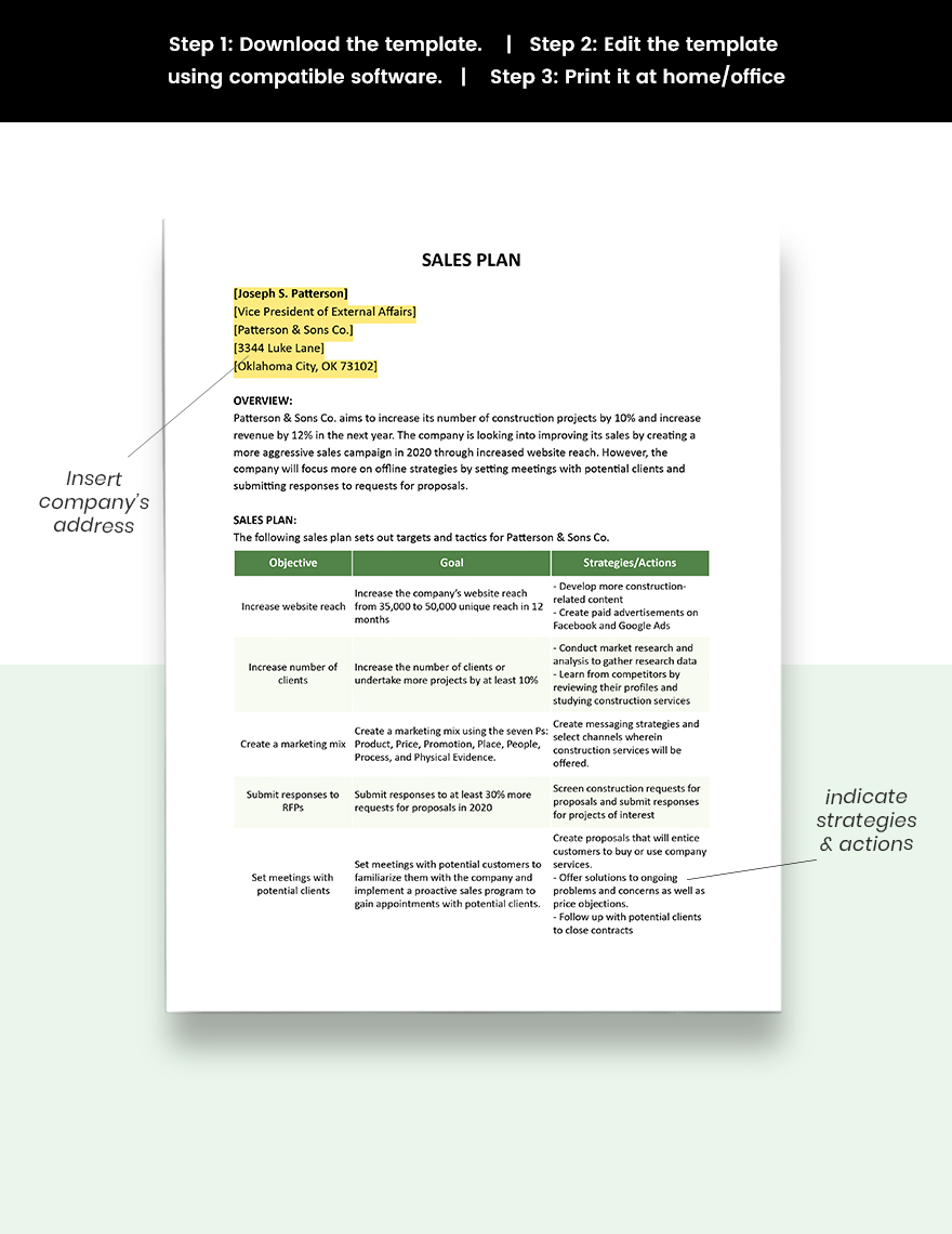 One Page Construction Sales Plan Template