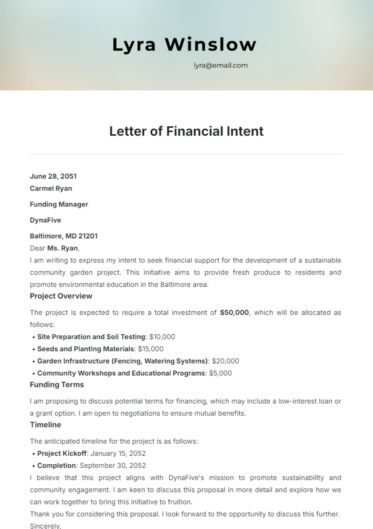 Letter of Financial Intent Template - Edit Online & Download