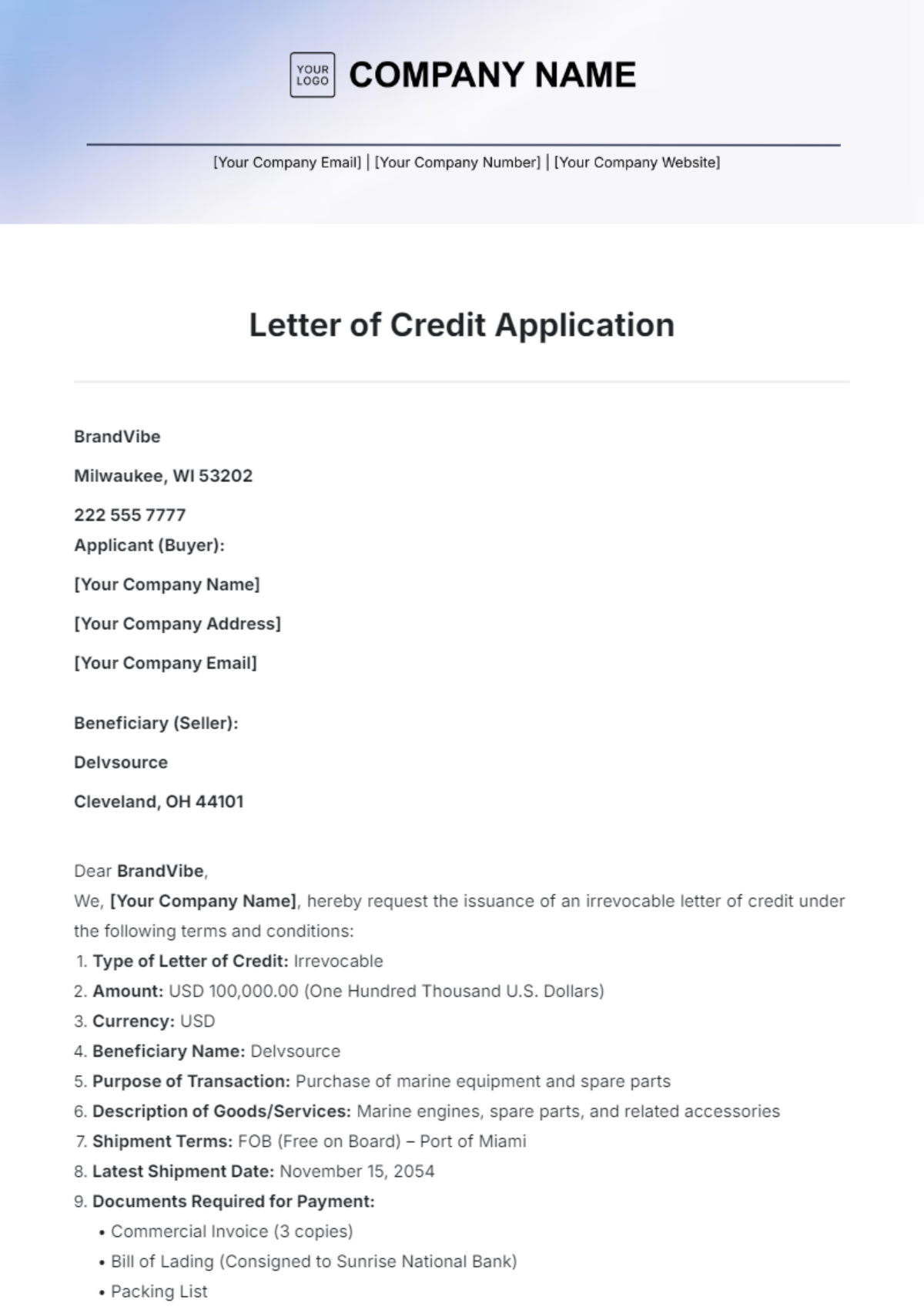 Letter of Credit Application Template