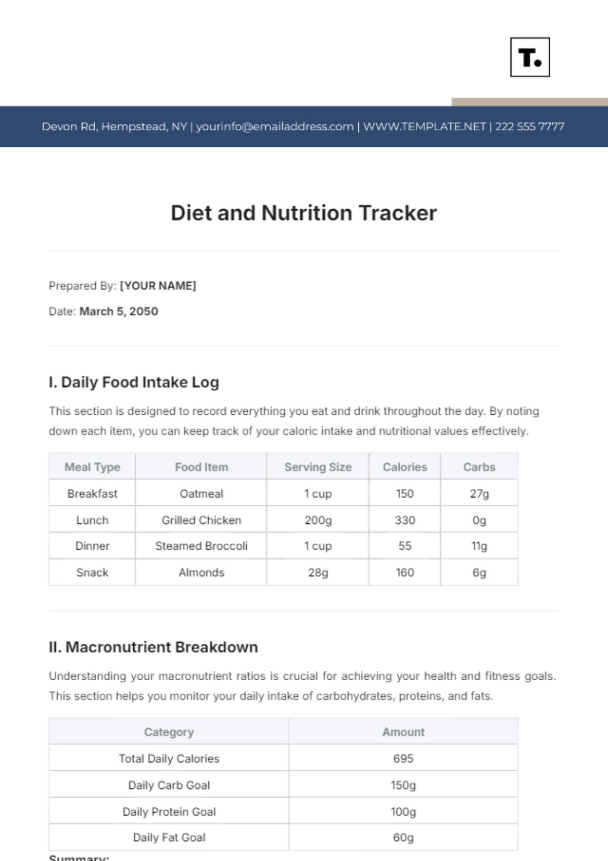 Diet and Nutrition Tracker Template - Edit Online & Download