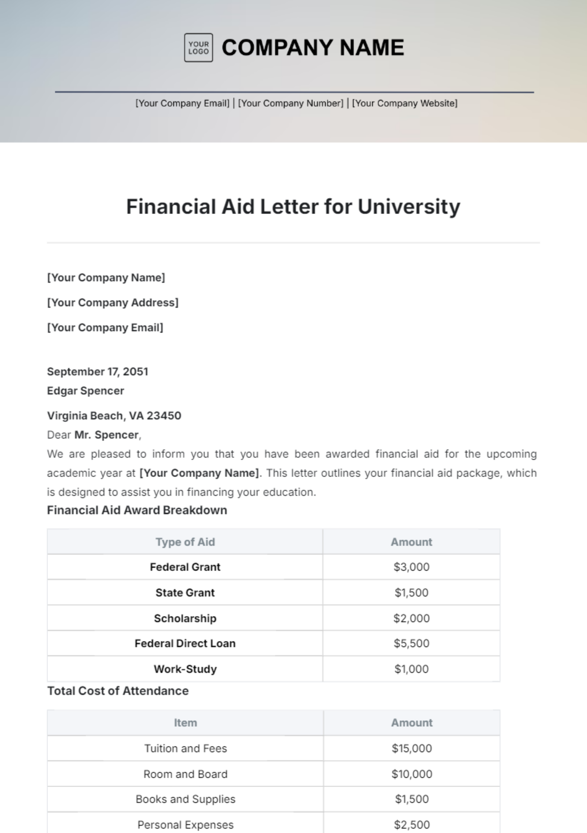 Financial Aid Letter for University Template - Edit Online & Download