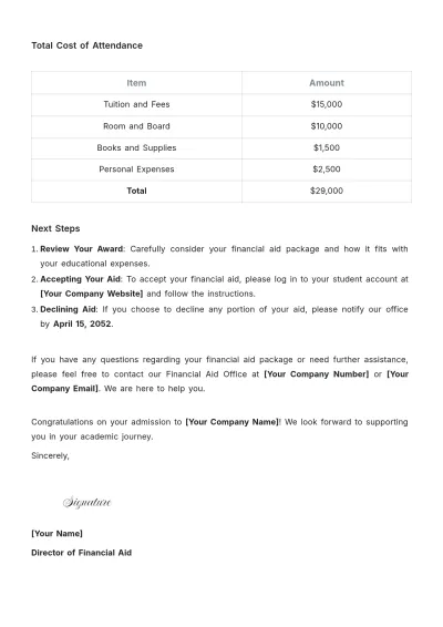 Free Financial Aid Letter for University Template to Edit Online