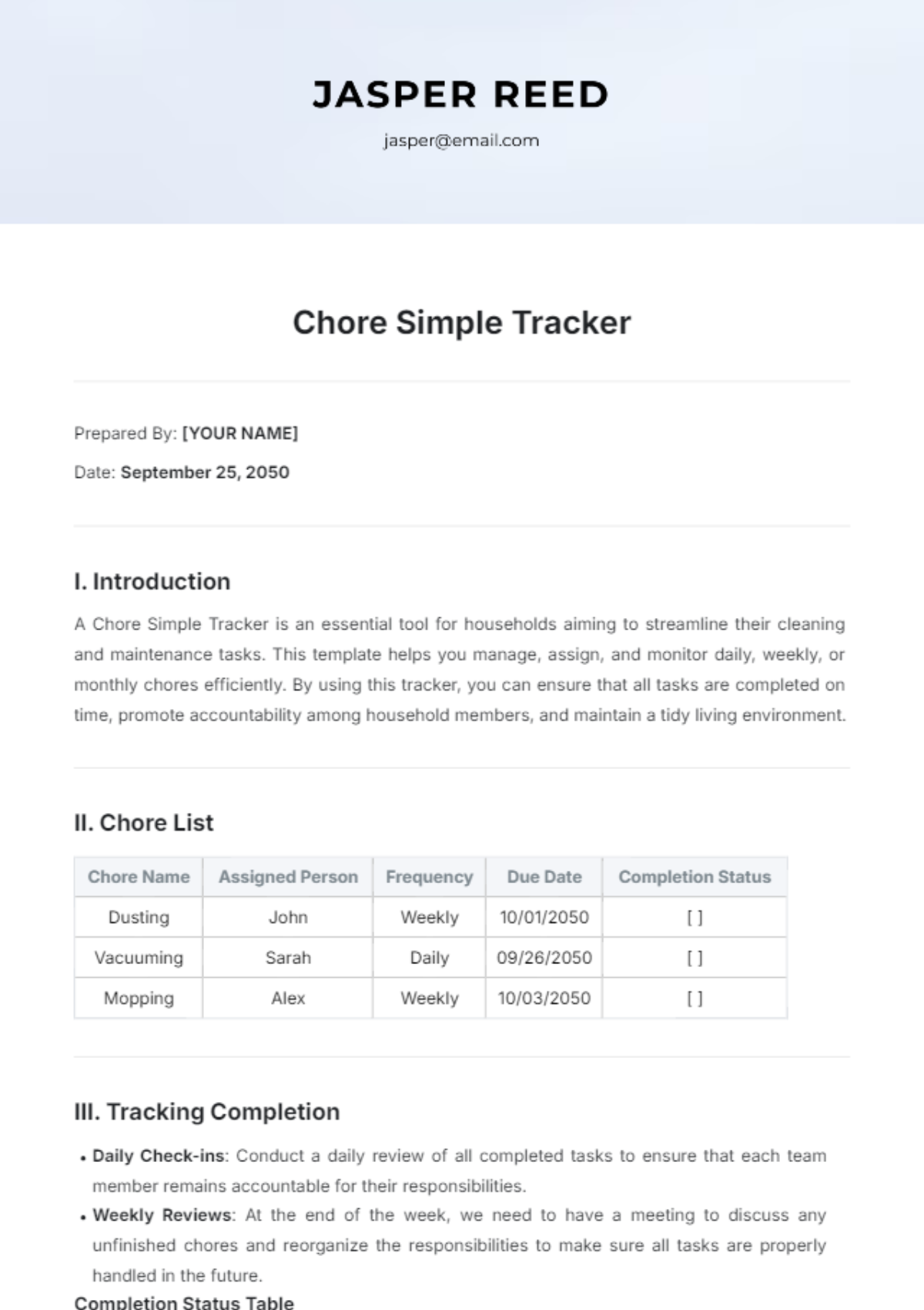 Chore Simple Tracker Template - Edit Online & Download