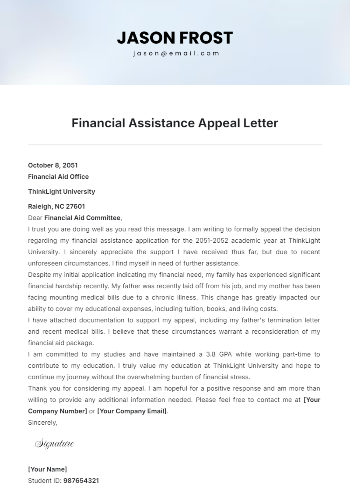 Financial Assistance Appeal Letter Template - Edit Online & Download