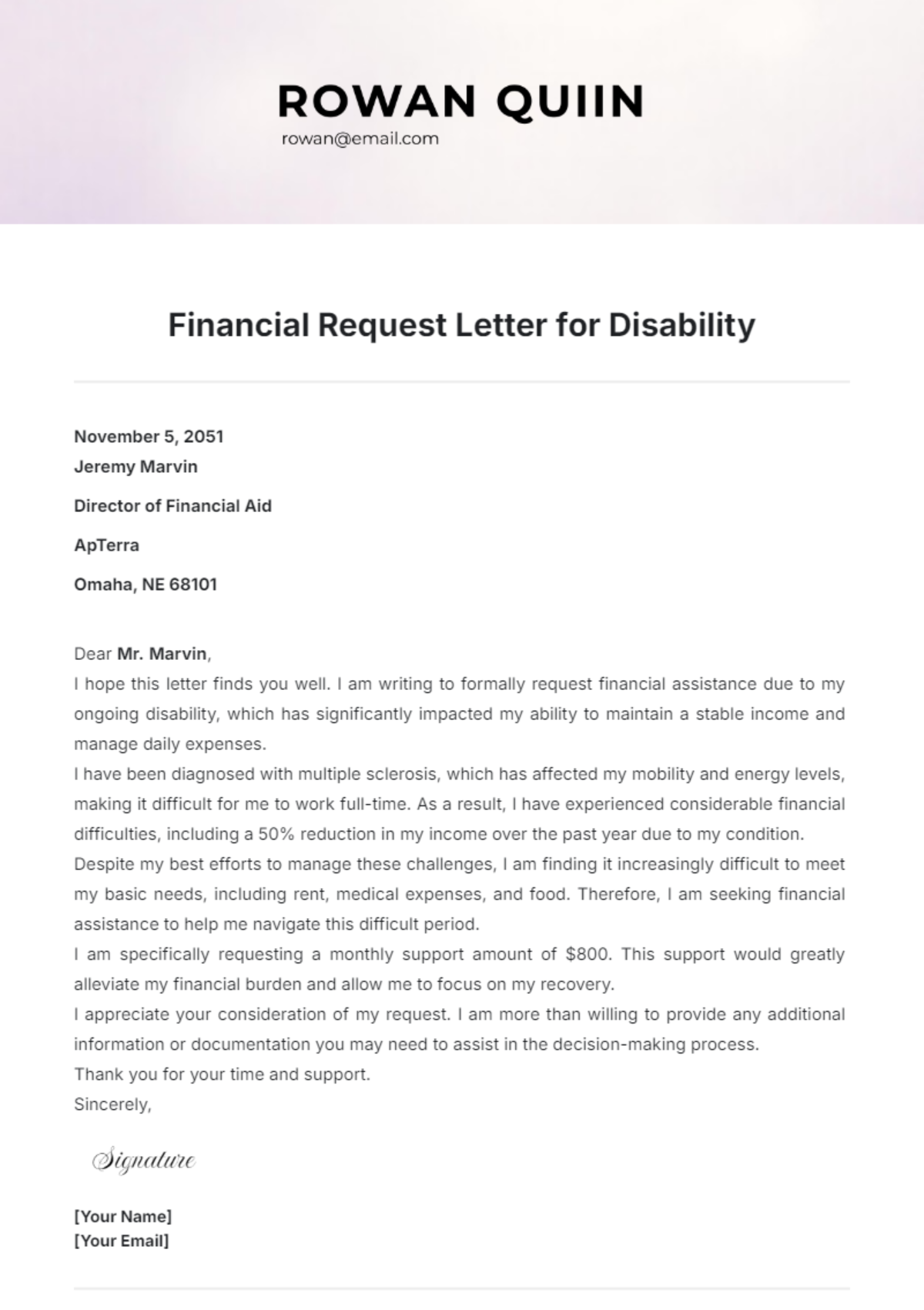 Financial Request Letter for Disability Template - Edit Online & Download