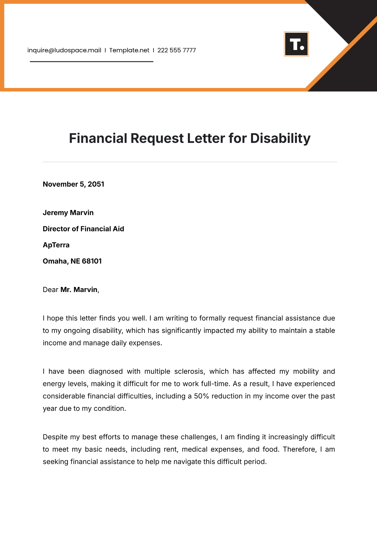 Financial Request Letter for Disability Template - Edit Online & Download