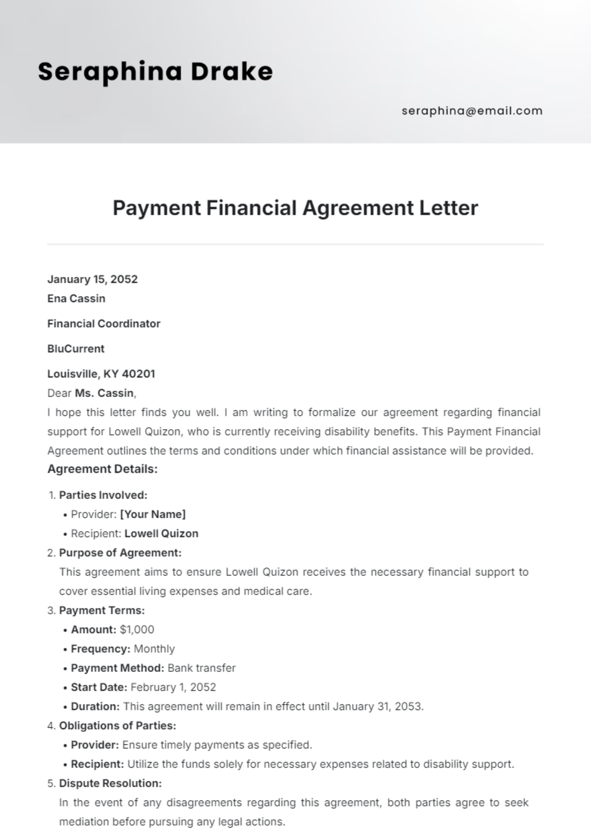 Payment Financial Agreement Letter Template - Edit Online & Download