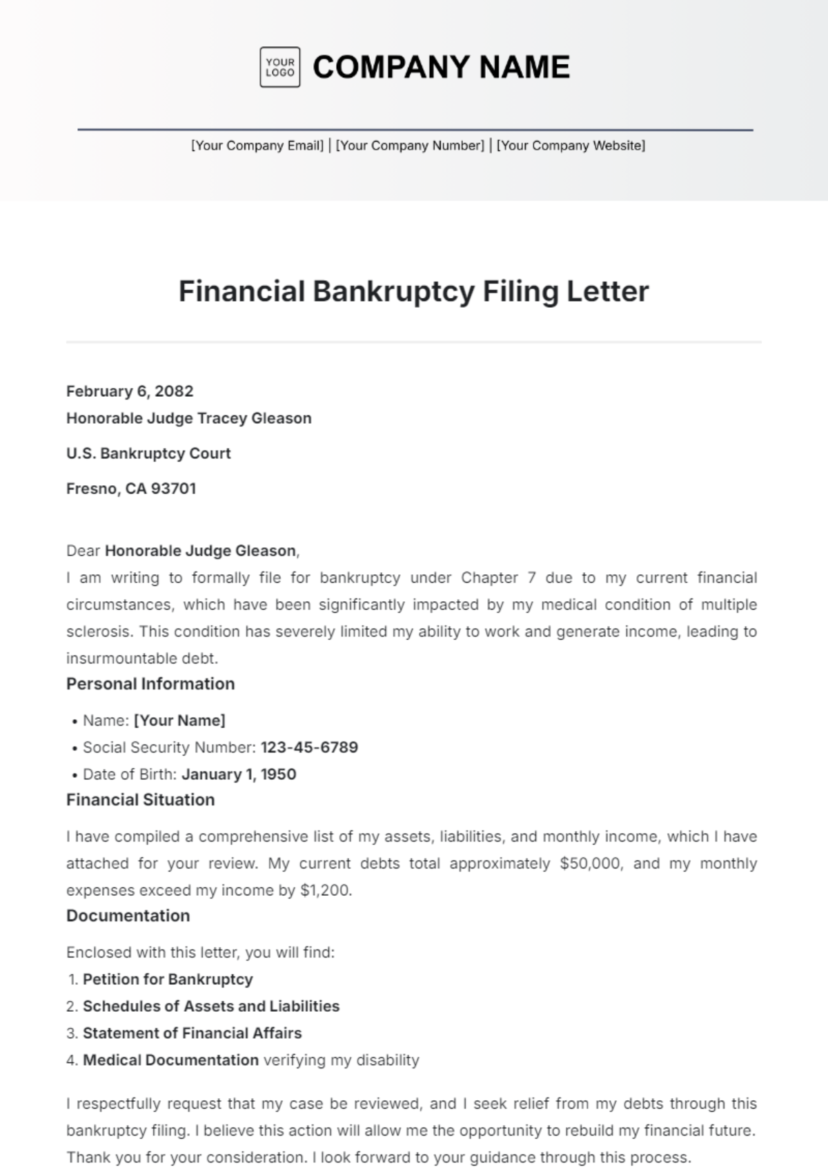 Financial Bankruptcy Filing Letter Template - Edit Online & Download