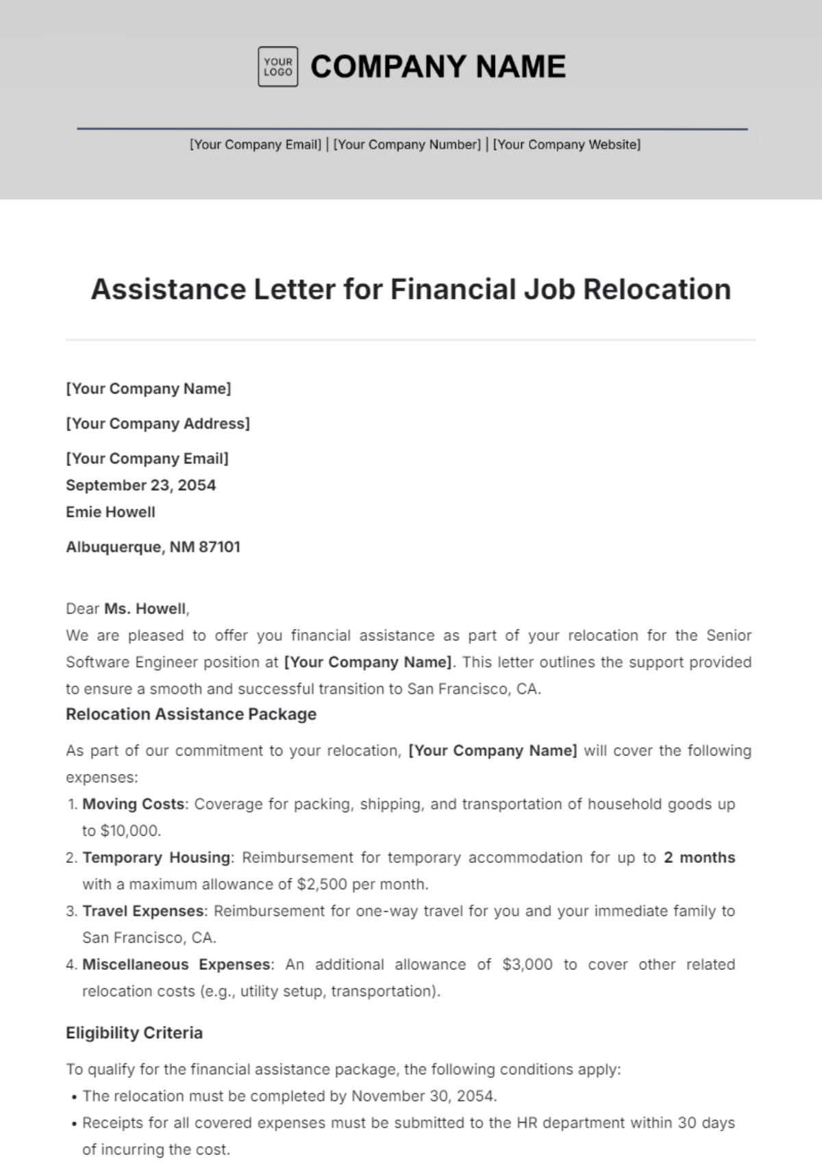 Assistance Letter for Financial Job Relocation Template - Edit Online & Download