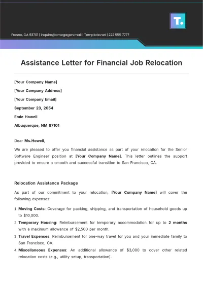 Free Assistance Letter for Financial Job Relocation Template to Edit Online