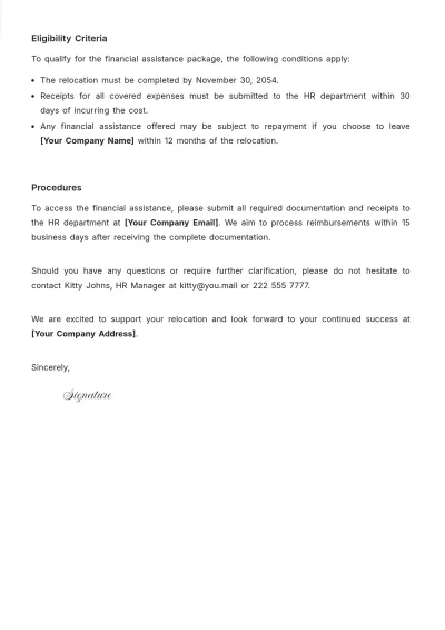 Free Assistance Letter for Financial Job Relocation Template to Edit Online