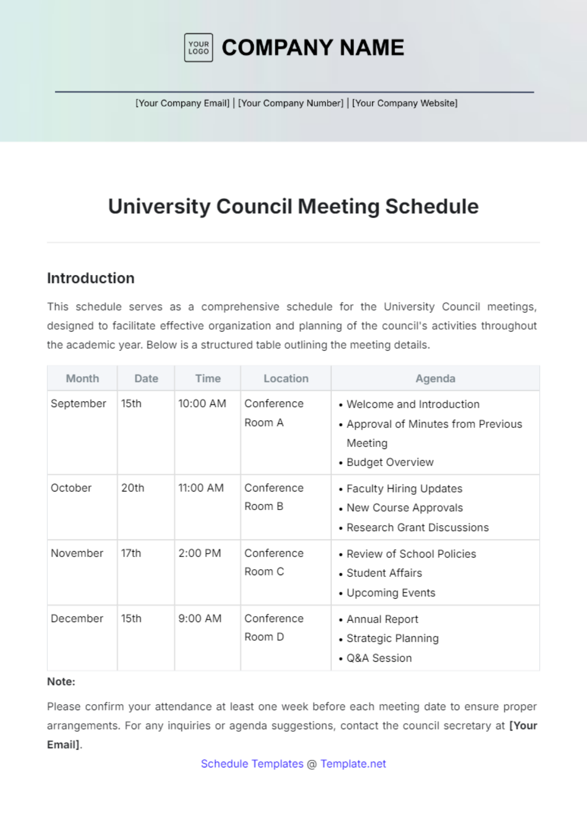 University Council Meeting Schedule Template - Edit Online & Download