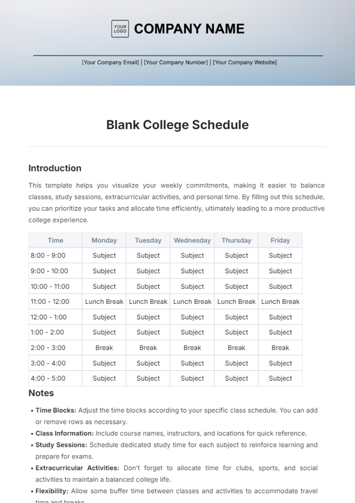 Blank College Schedule Template - Edit Online & Download