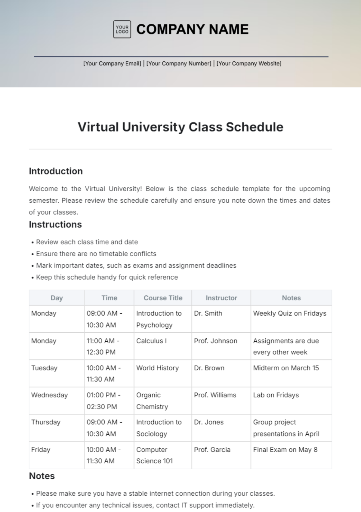 Virtual University Class Schedule Template - Edit Online & Download