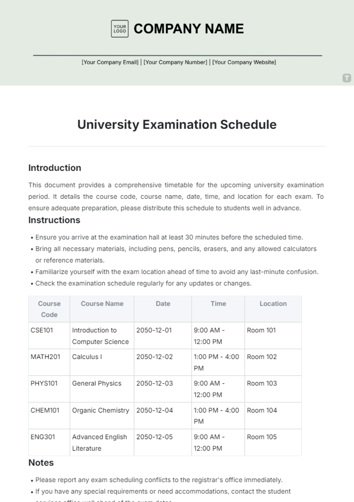 University Examination Schedule Template - Edit Online & Download