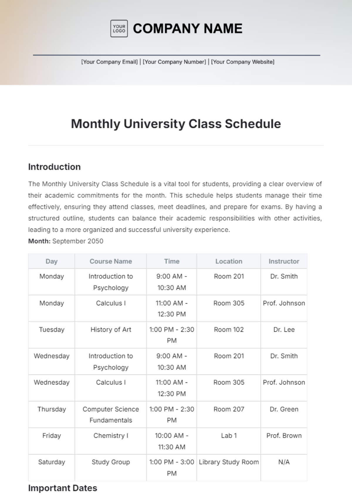 Monthly University Class Schedule Template - Edit Online & Download