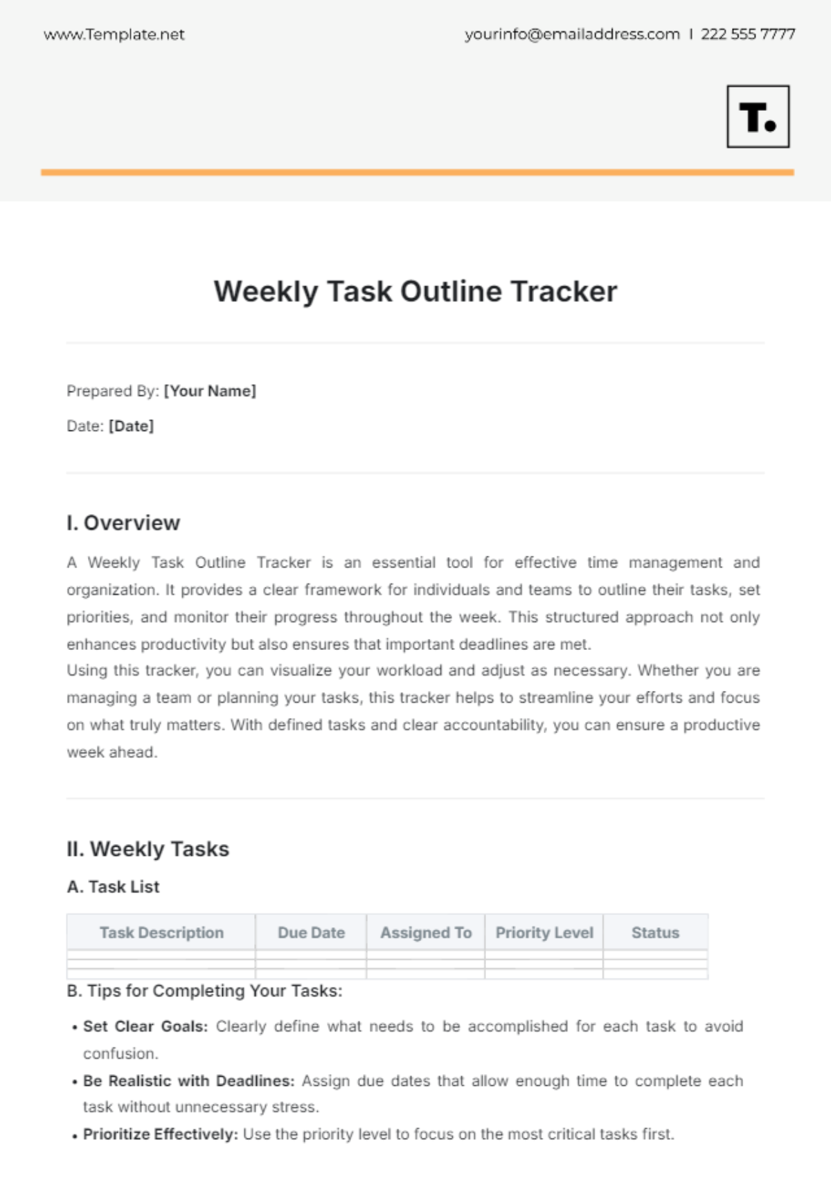 Weekly Task Outline Tracker Template