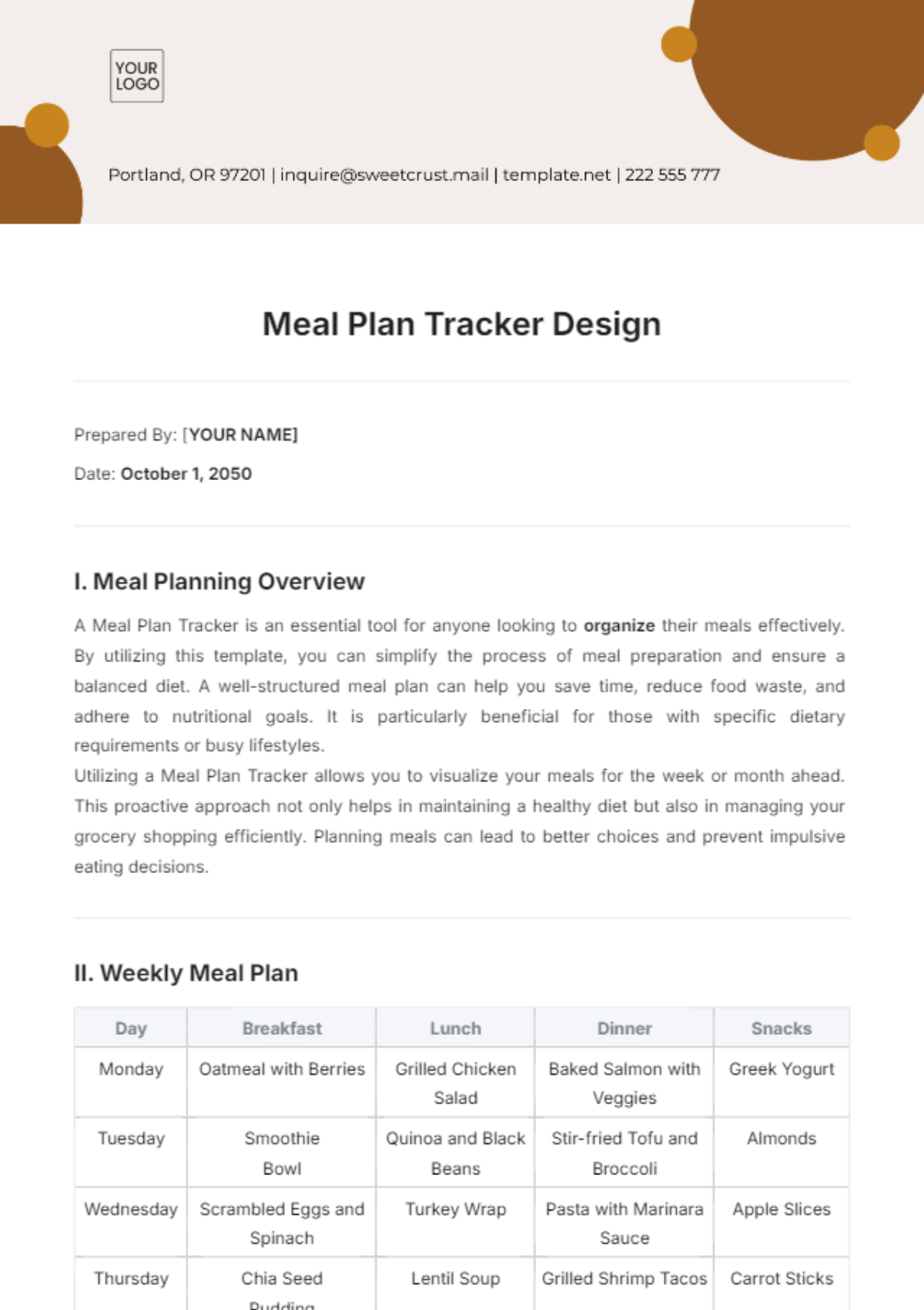 Meal Plan Tracker Design Template